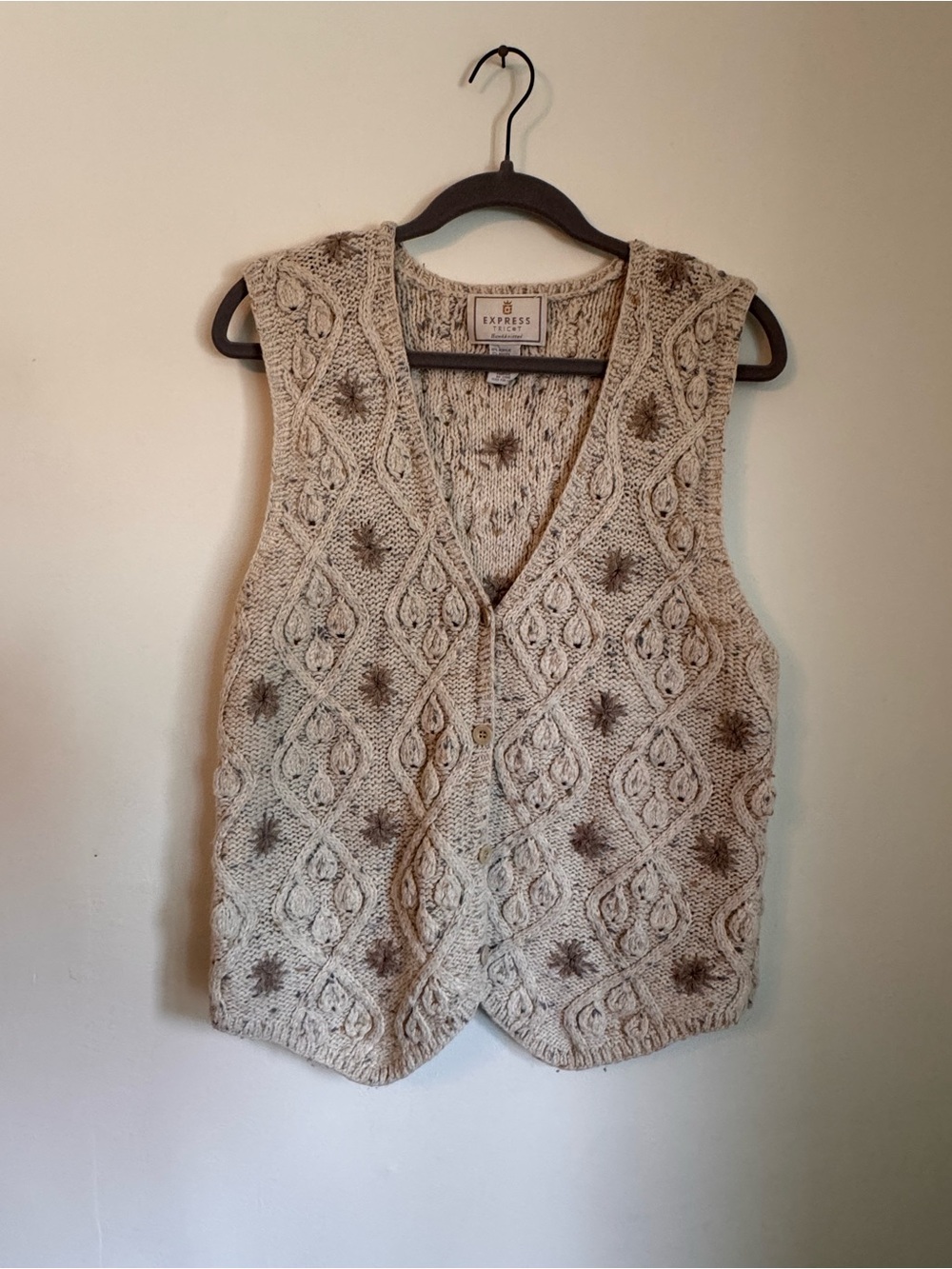 Vintage Express Women's Cream Cable Knit Button Vest - Size M